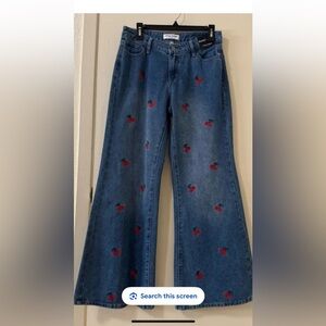 Ashley Mason Size 5/27 Cherry Embroidered Wide Flare Leg Baggy Jeans
